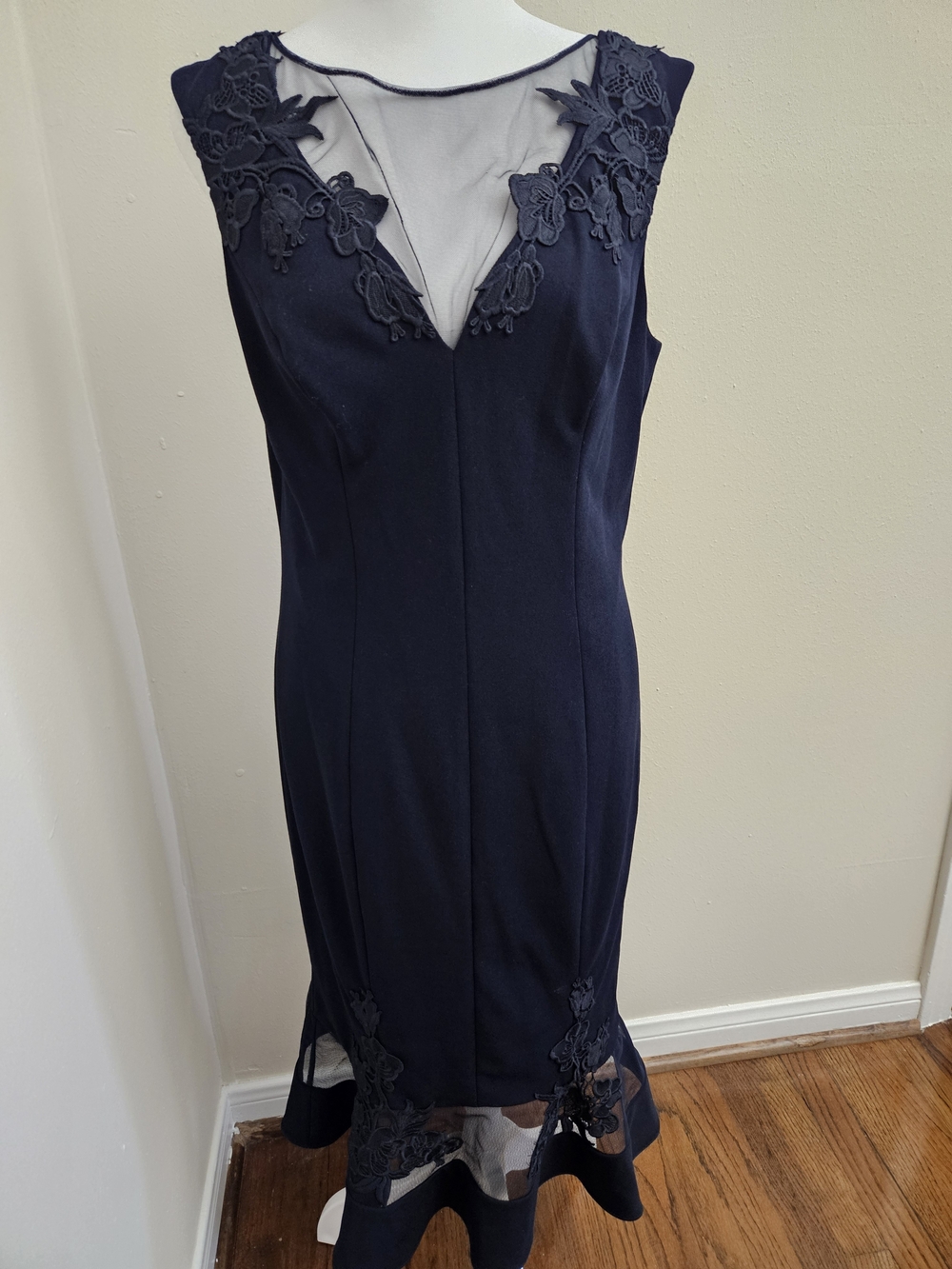 Aidan Mattox Navy Lace-Trim Midi Sheath Dress - Picture 4 of 11
